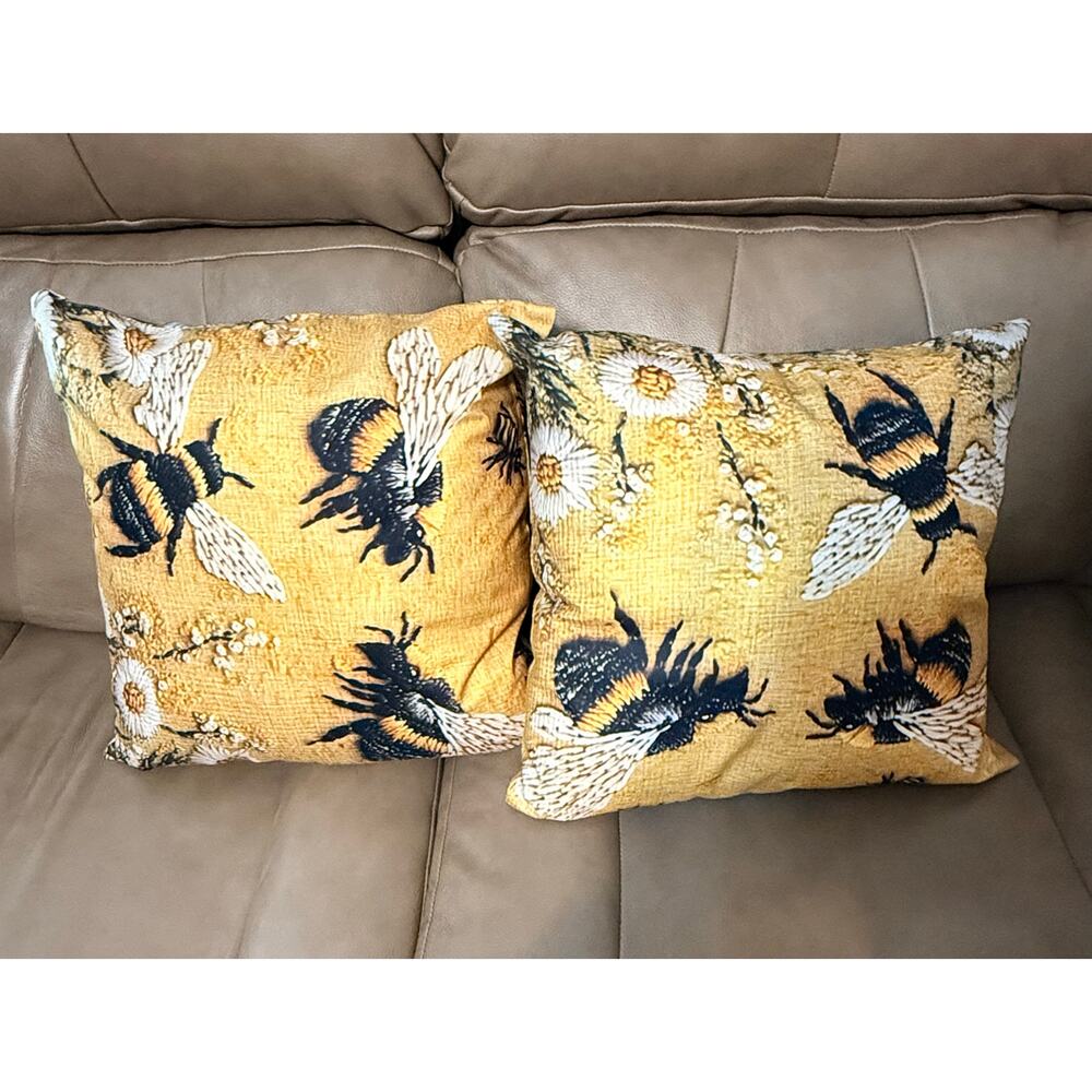 Two yellow tapestry bubble bee throw pillows NEW 18 X 18
